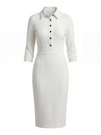 White Button-Front Midi Dress with Tailored Silhouette