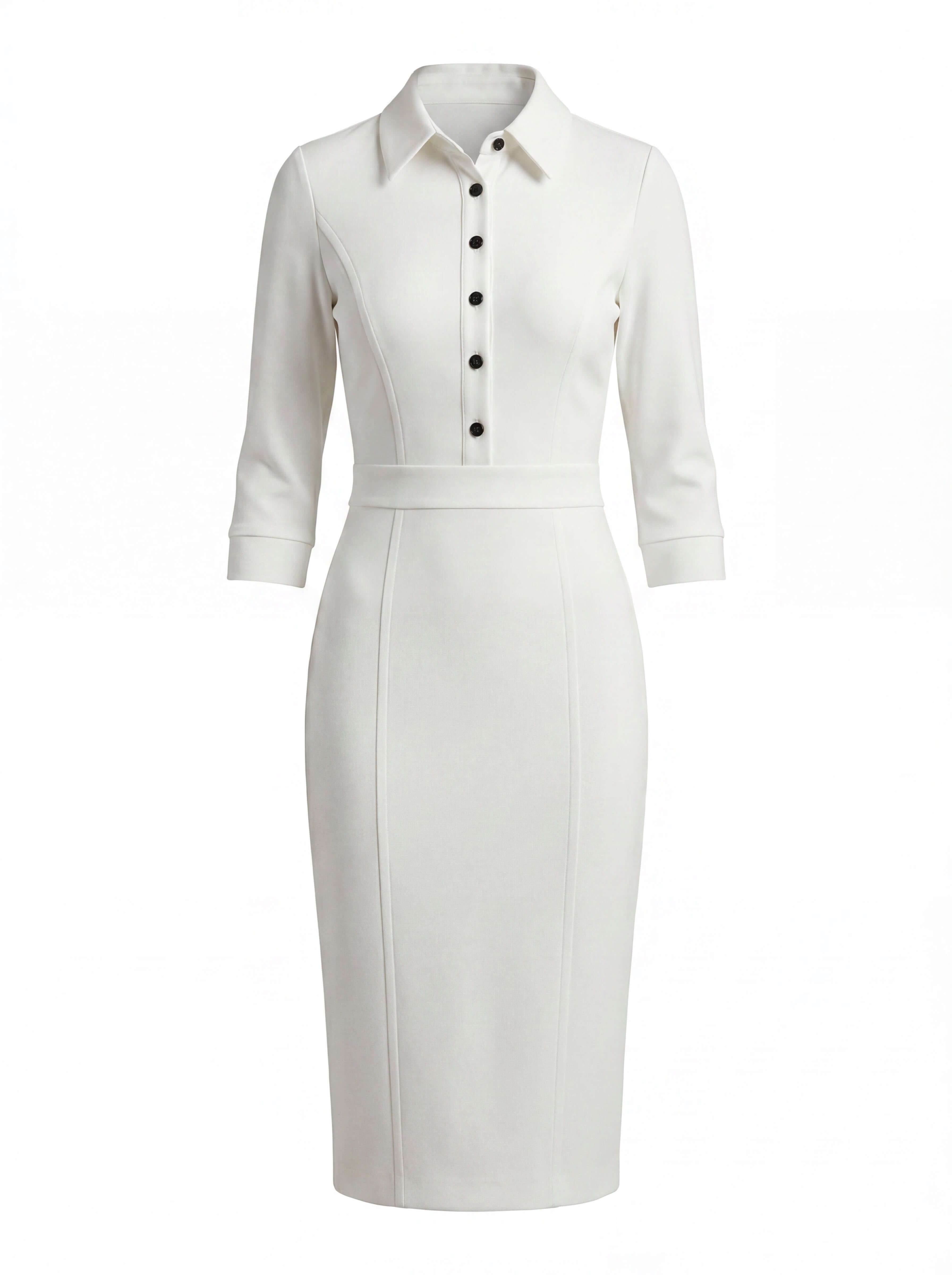 White Button-Front Midi Dress with Tailored Silhouette