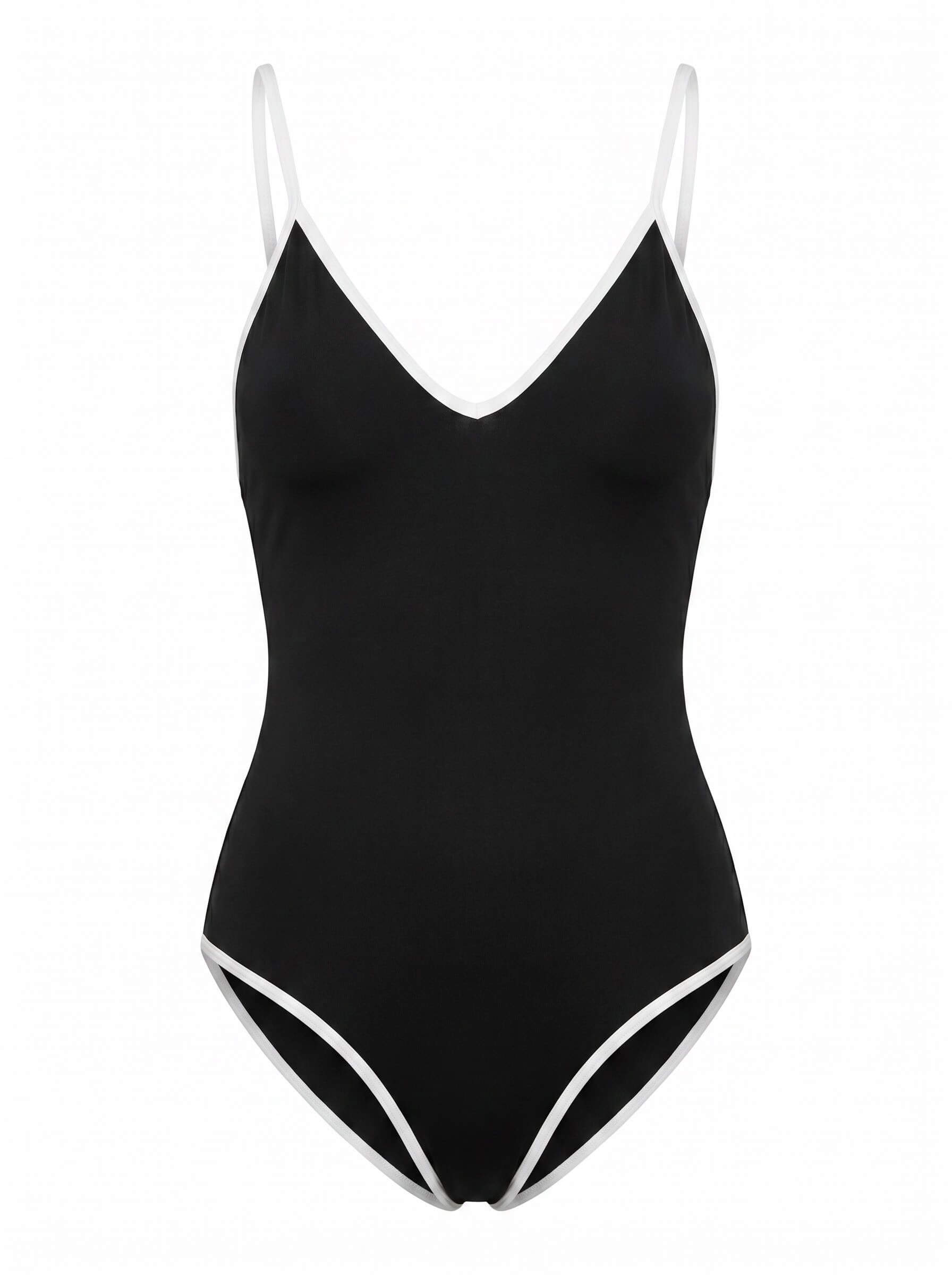 Women’s Black V-Neck One-Piece Swimsuit – Minimal & Timeless Style