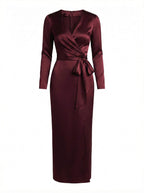 Satin Wrap Midi Dress with Tie Waist