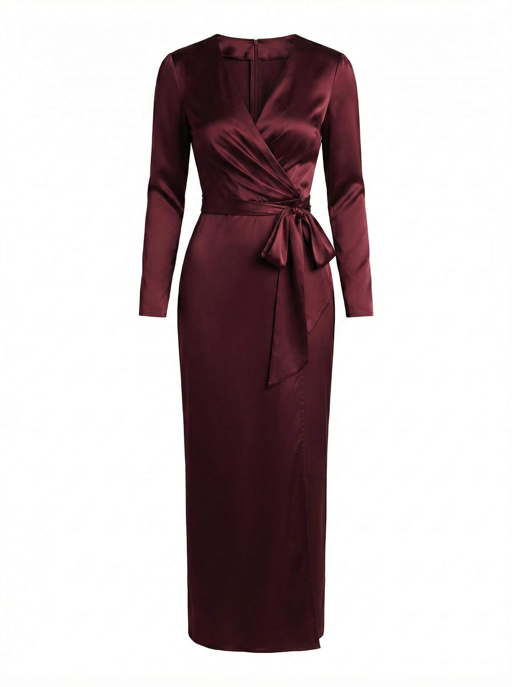 Satin Wrap Midi Dress with Tie Waist