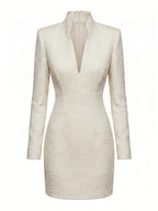 Ivory Textured Mini Dress with Architectural Neckline