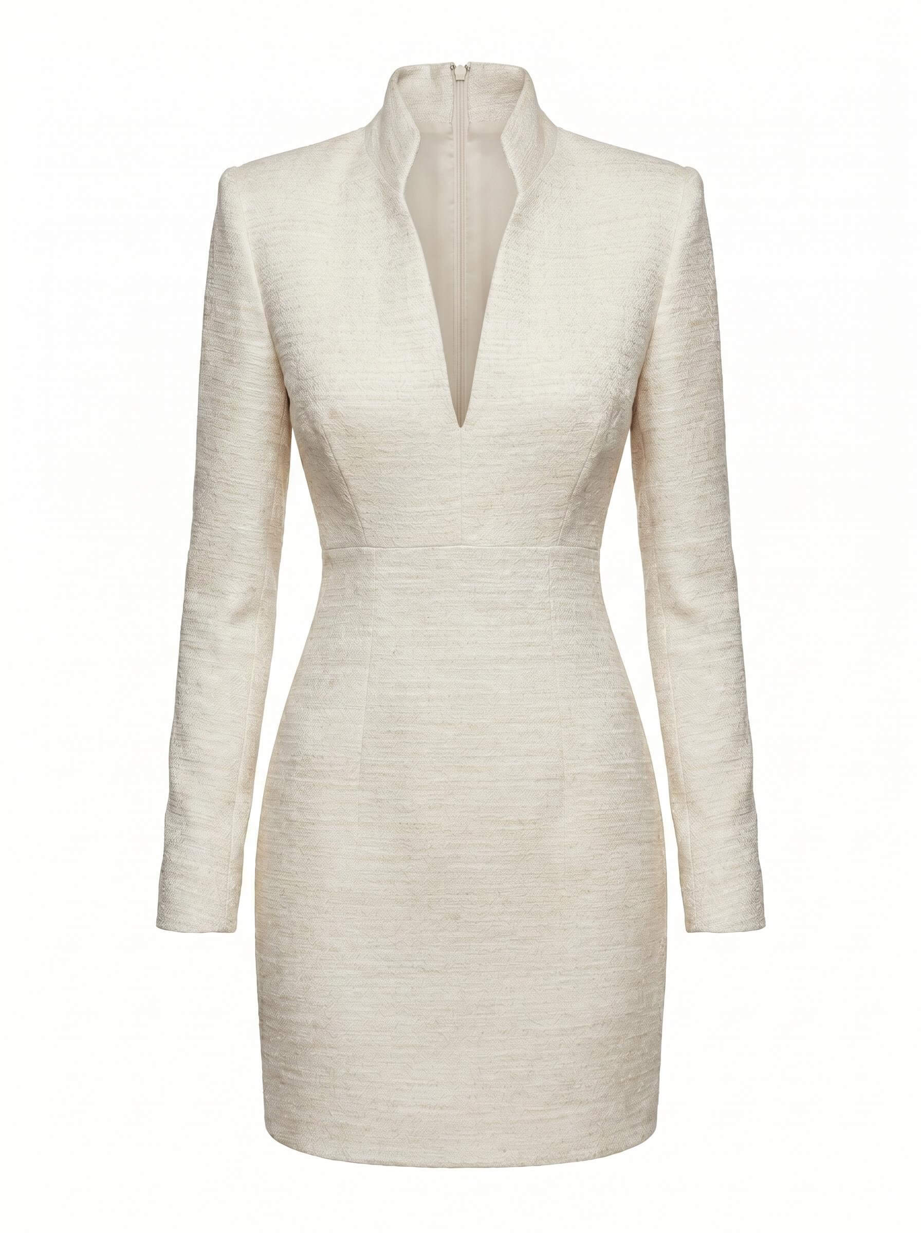 Ivory Textured Mini Dress with Architectural Neckline
