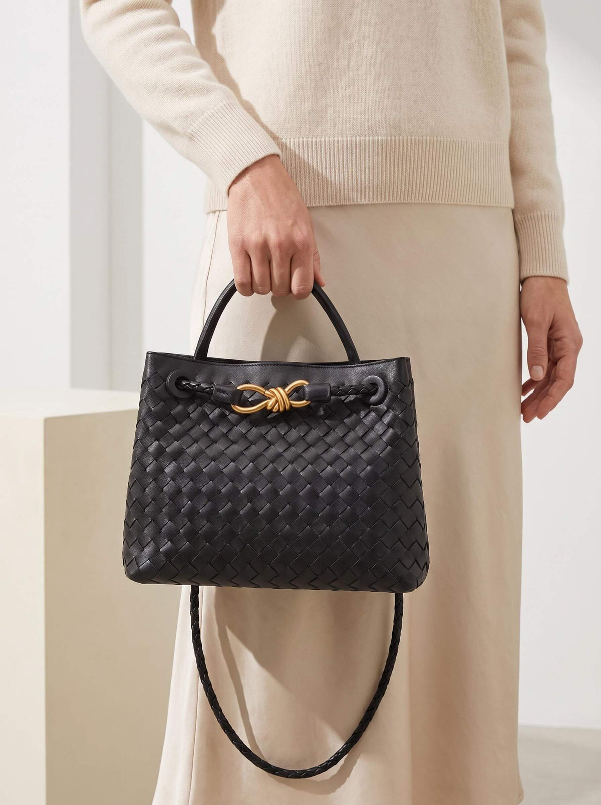 Women’s Woven Handbag with Braided Handle Detail