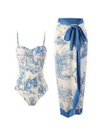 Women’s Toile Print Swimsuit and Sarong Set