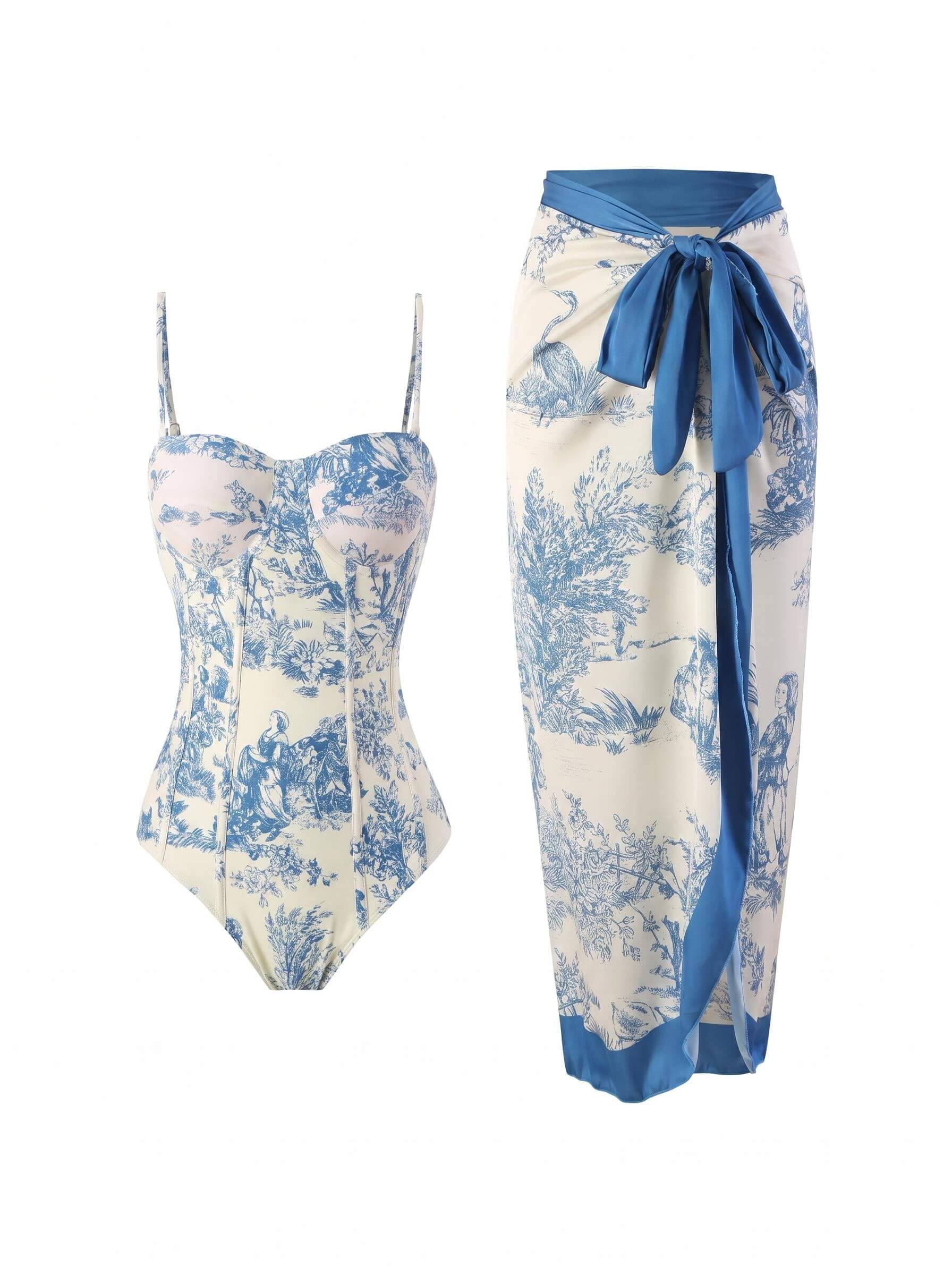 Women’s Toile Print Swimsuit and Sarong Set