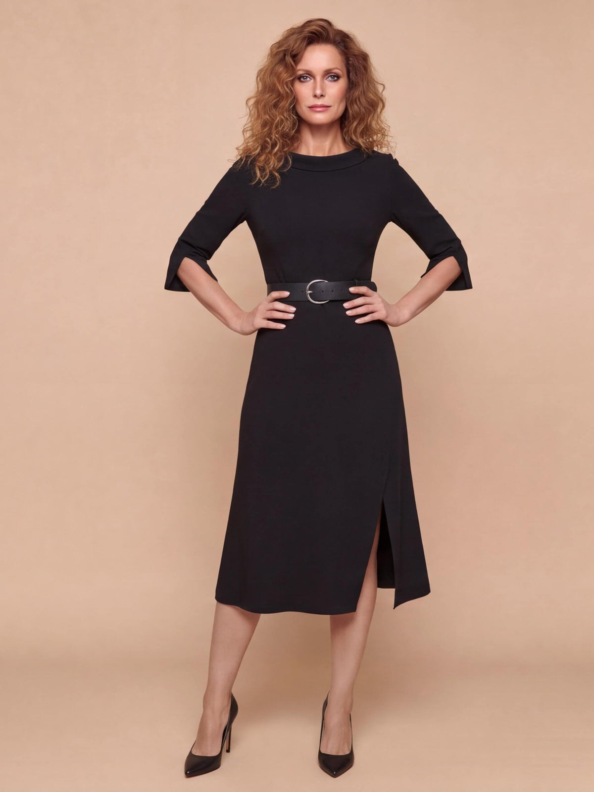 Women’s Belted Long-Sleeve Midi Dress