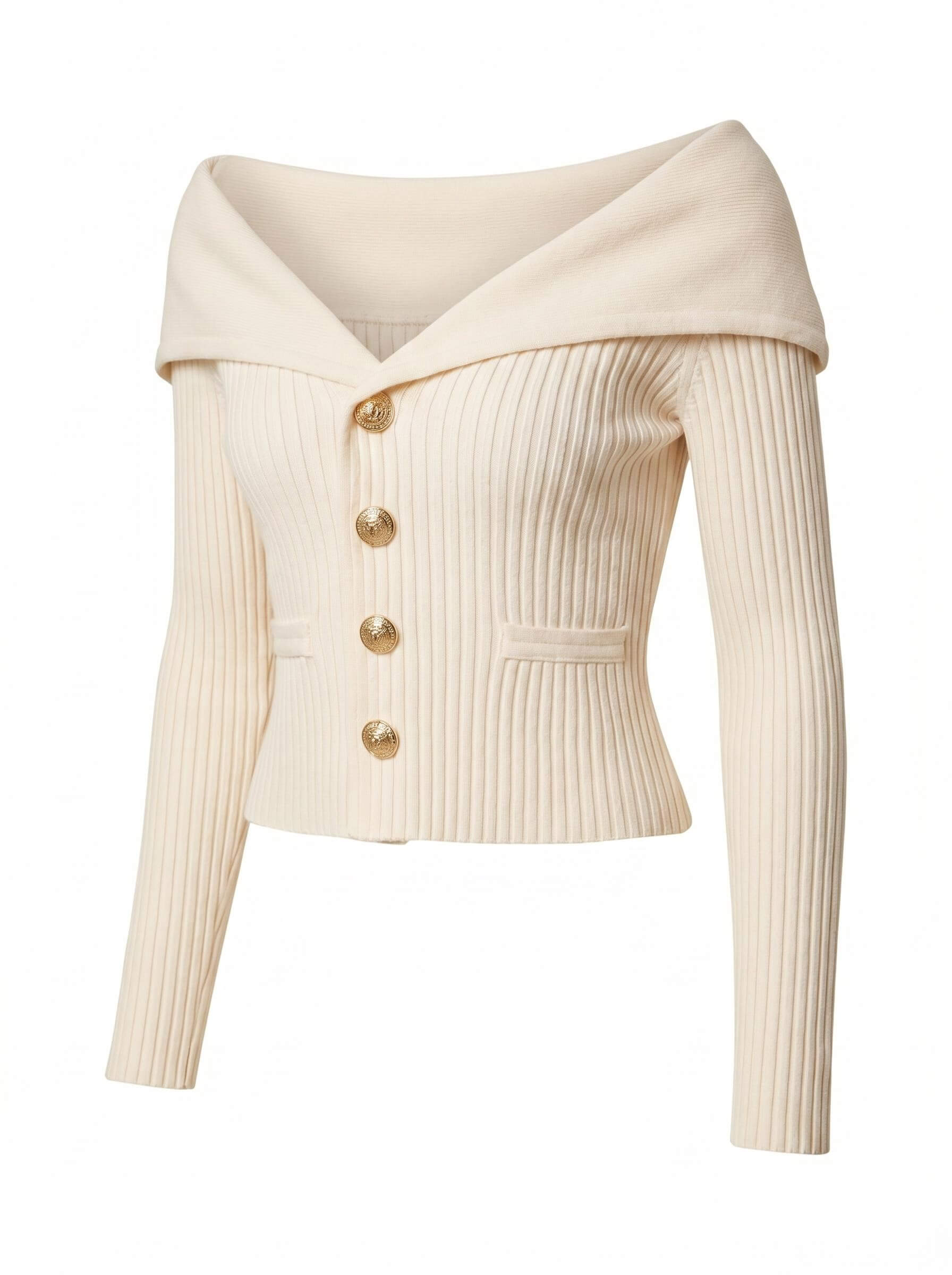 Elegant off-the-shoulder women’s cardigan with gold buttons