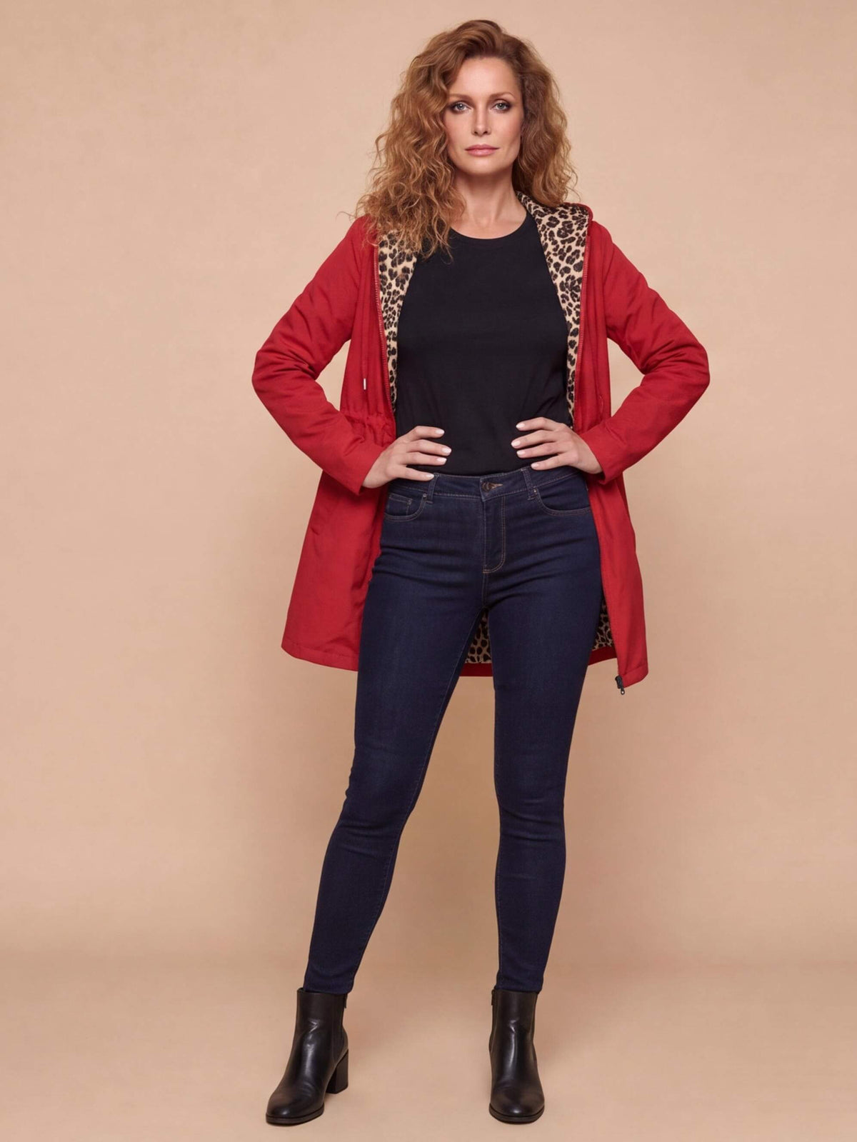 Women’s Hooded Utility Jacket with Animal-Print Trim