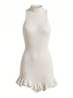 Women’s Ivory Ribbed Knit Mini Dress – High Neck & Ruffled Hem