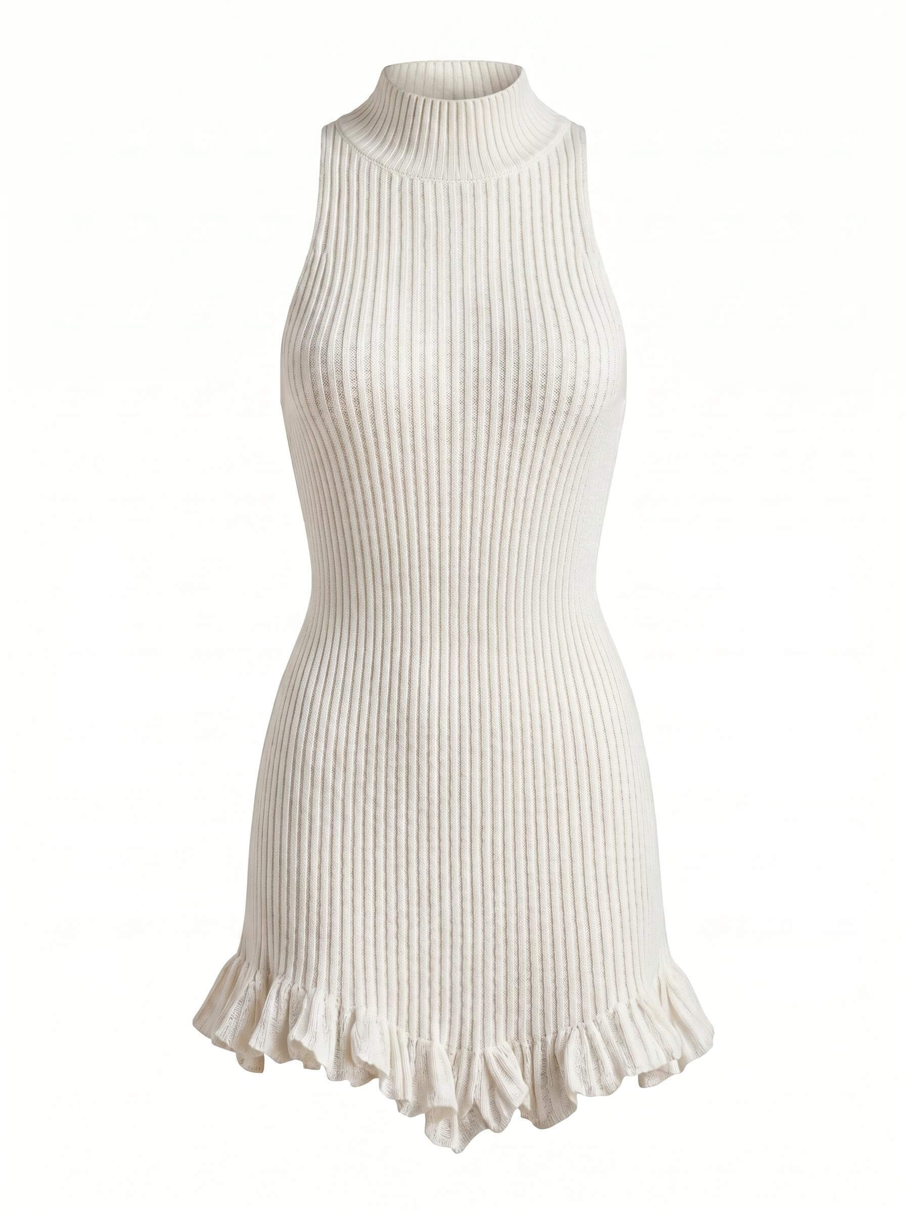 Women’s Ivory Ribbed Knit Mini Dress – High Neck & Ruffled Hem