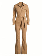 Women’s Camel Tailored Zip-Front Jumpsuit – Modern Power & Refined Elegance