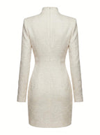 Ivory Textured Mini Dress with Architectural Neckline
