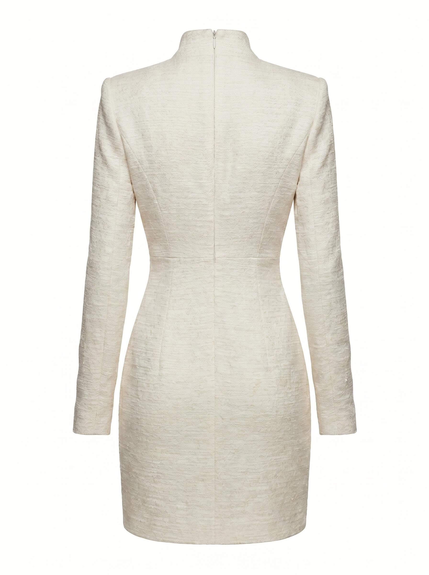 Ivory Textured Mini Dress with Architectural Neckline
