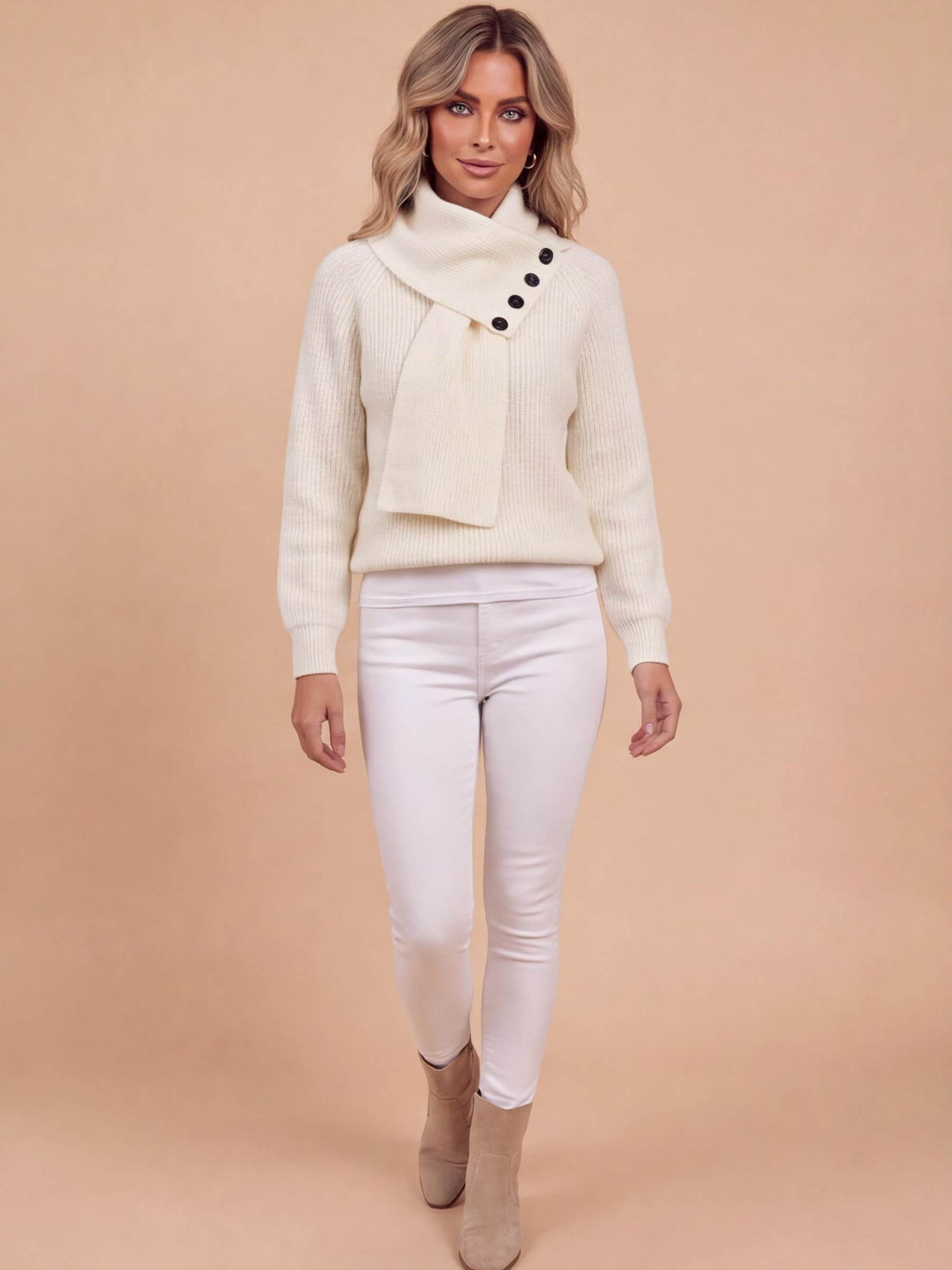 Women’s Ribbed Knit Funnel Neck Button Detail Sweater
