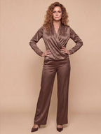 Women’s Long-Sleeve Satin-Look Wrap Blouse