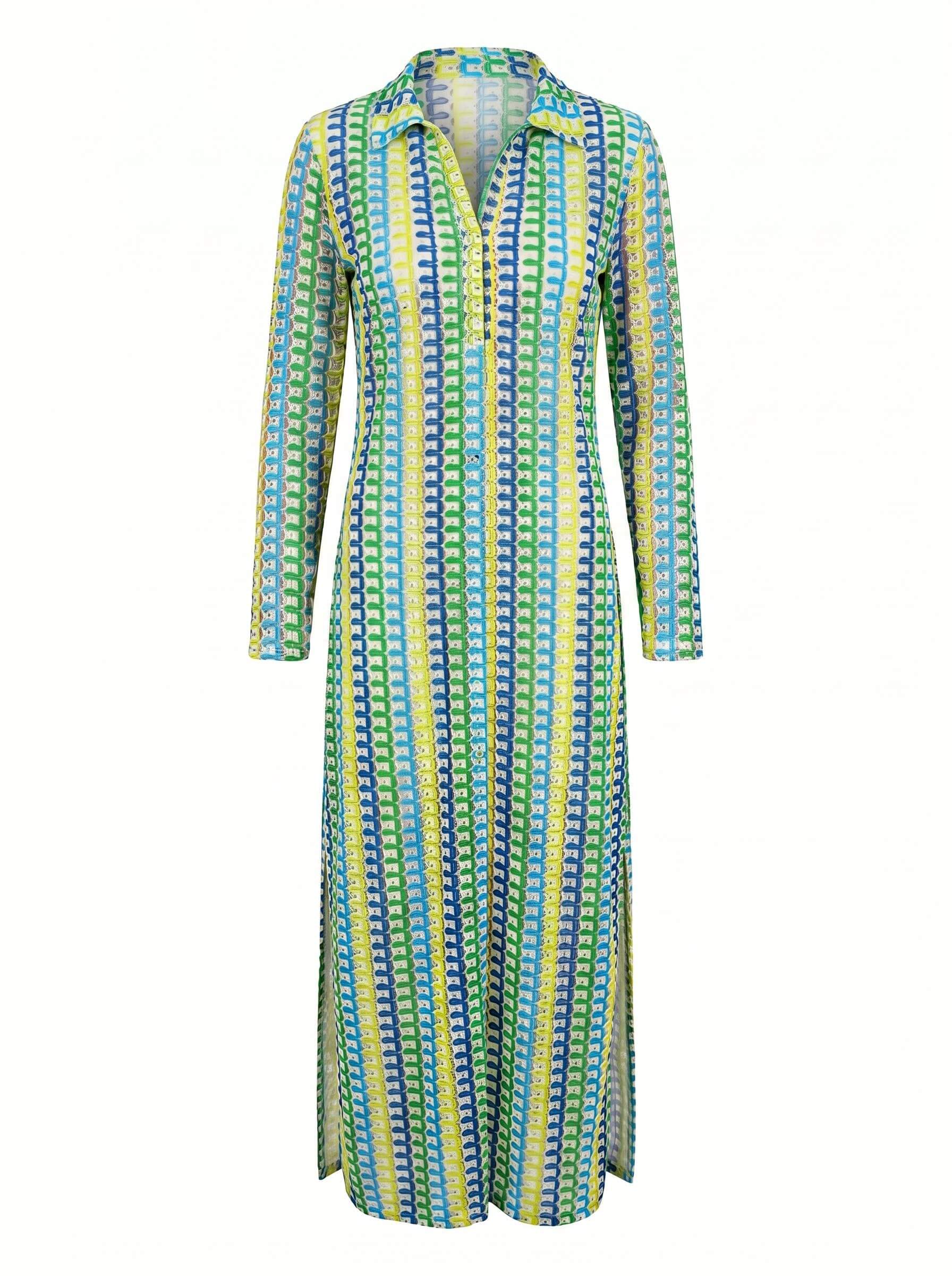 Valeria Printed Long Sleeve Midi Dress – Blue/Pink