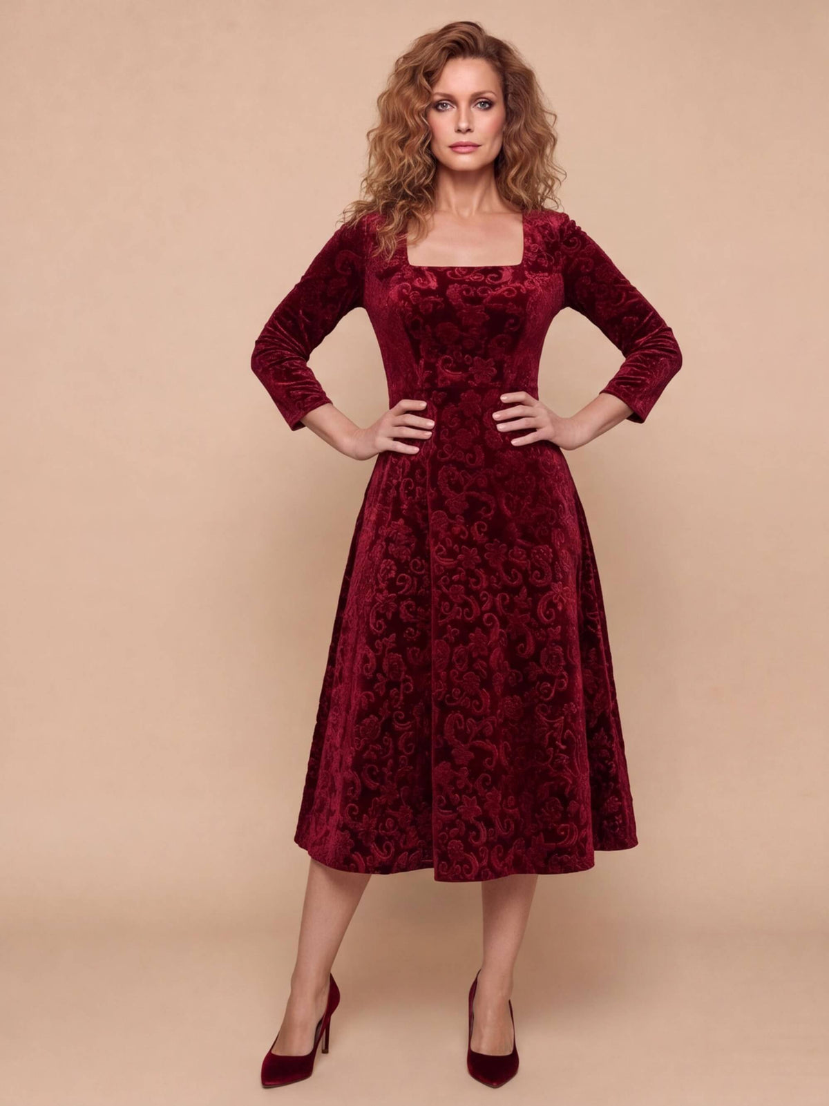 Women’s Embroidered Velvet-Look Square Neck Midi Dress
