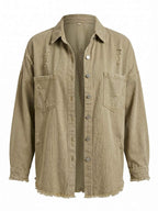 Women’s Washed Denim Overshirt Jacket – Frayed Hem, Chest Pockets &Relaxed Retro Fit