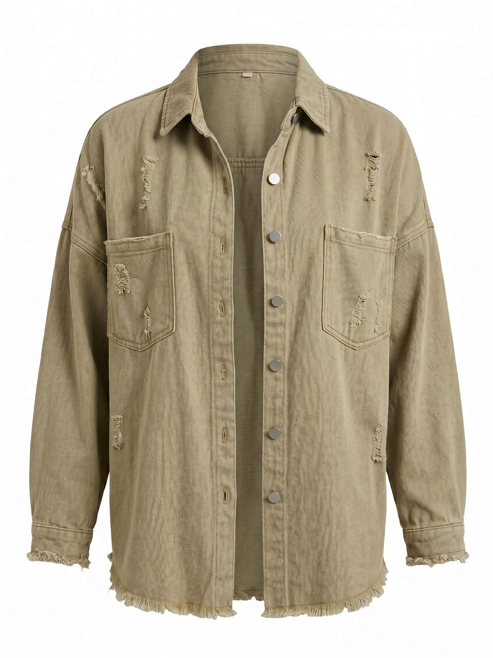 Women’s Washed Denim Overshirt Jacket – Frayed Hem, Chest Pockets &Relaxed Retro Fit