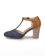 Women’s Two-Tone Block Heel Pumps with T-Strap