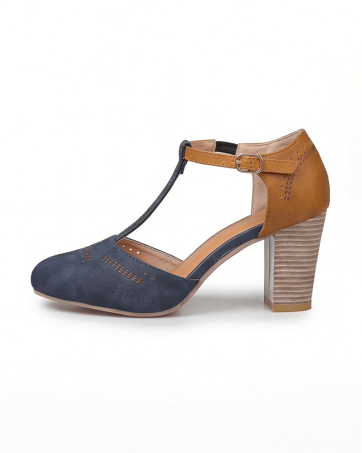 Women’s Two-Tone Block Heel Pumps with T-Strap