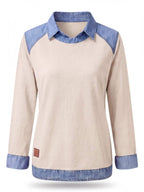 Women’s Denim Collar Detail Long-Sleeve Knit Top
