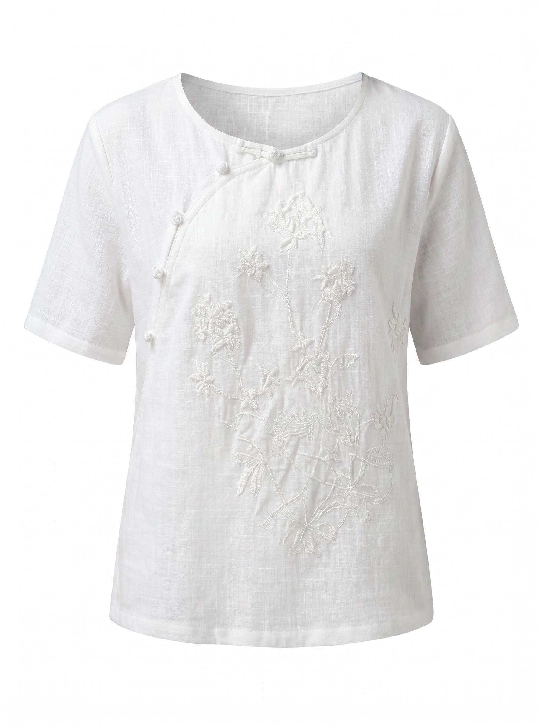 Women’s Embroidered Asymmetric Button Short Sleeve Blouse
