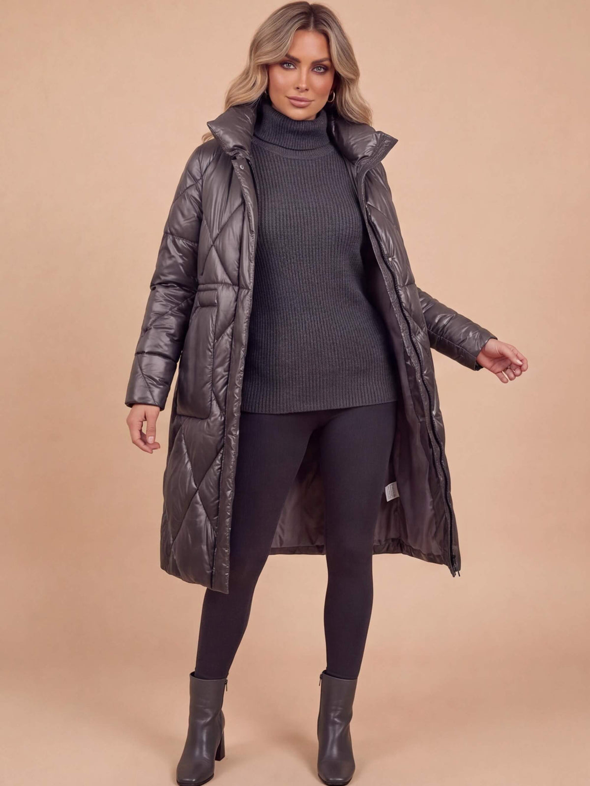 Women’s Long Quilted Puffer Coat with High Collar