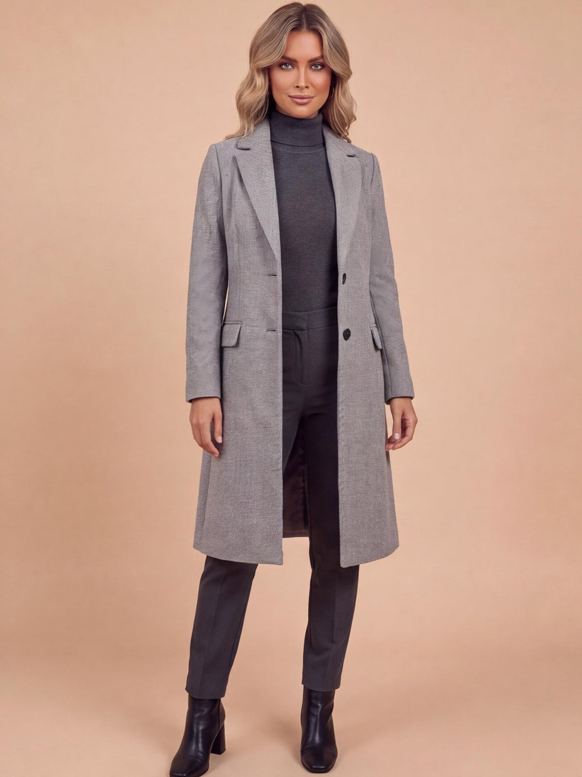 Women’s Long Tailored Button-Up Coat with Lapels