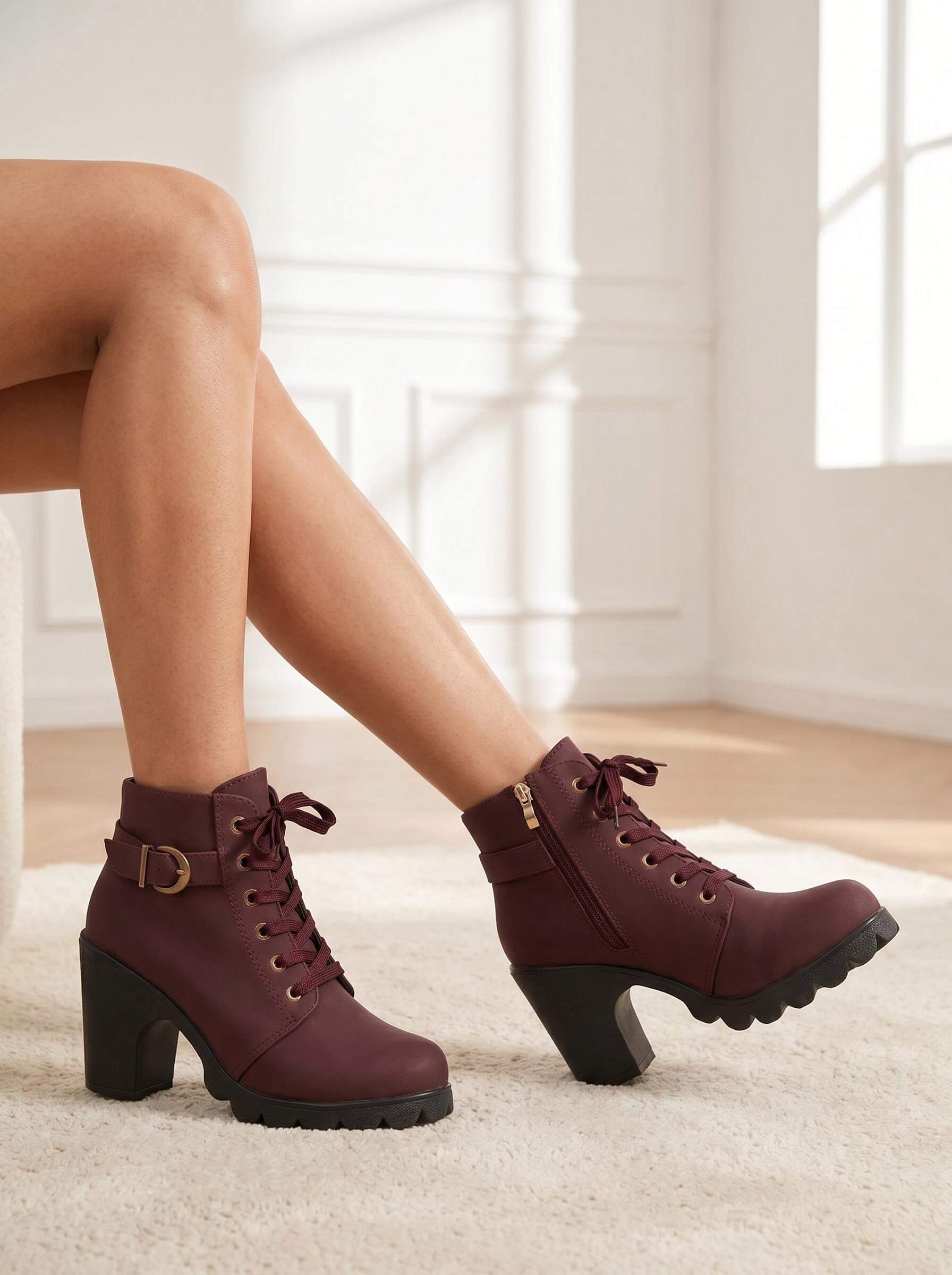 Women’s Mid-Heel Ankle Boots –  Side Zipper & Buckle Detail