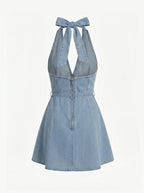 Women’s Halter Denim Flare Dress with Tie Waist – Effortless Summer Appeal