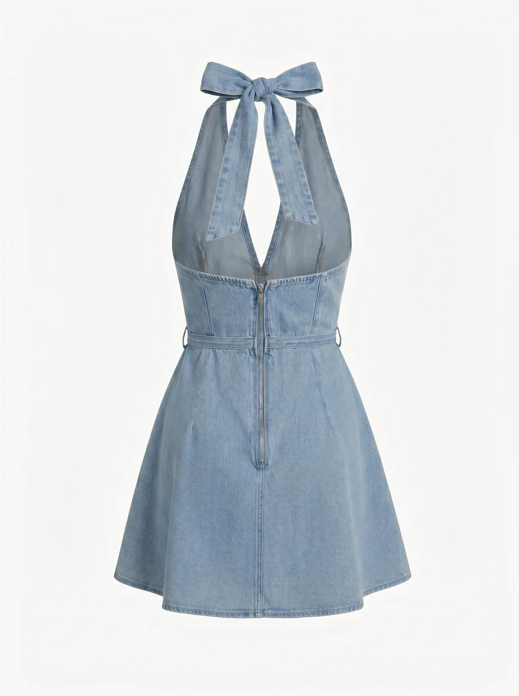 Women’s Halter Denim Flare Dress with Tie Waist – Effortless Summer Appeal