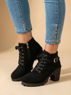 Women’s Mid-Heel Ankle Boots –  Side Zipper & Buckle Detail