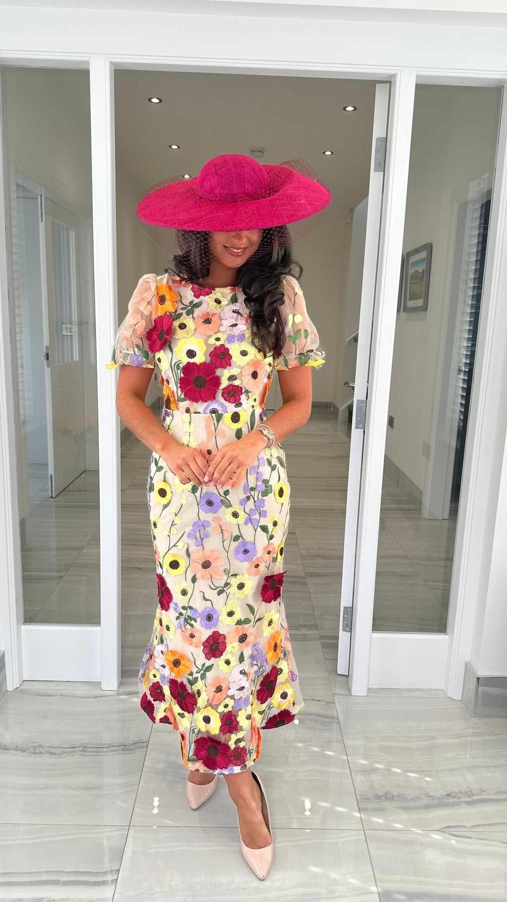 Maribel 3D Floral Midi Dress – Beige