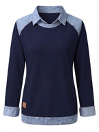 Women’s Denim Collar Detail Long-Sleeve Knit Top