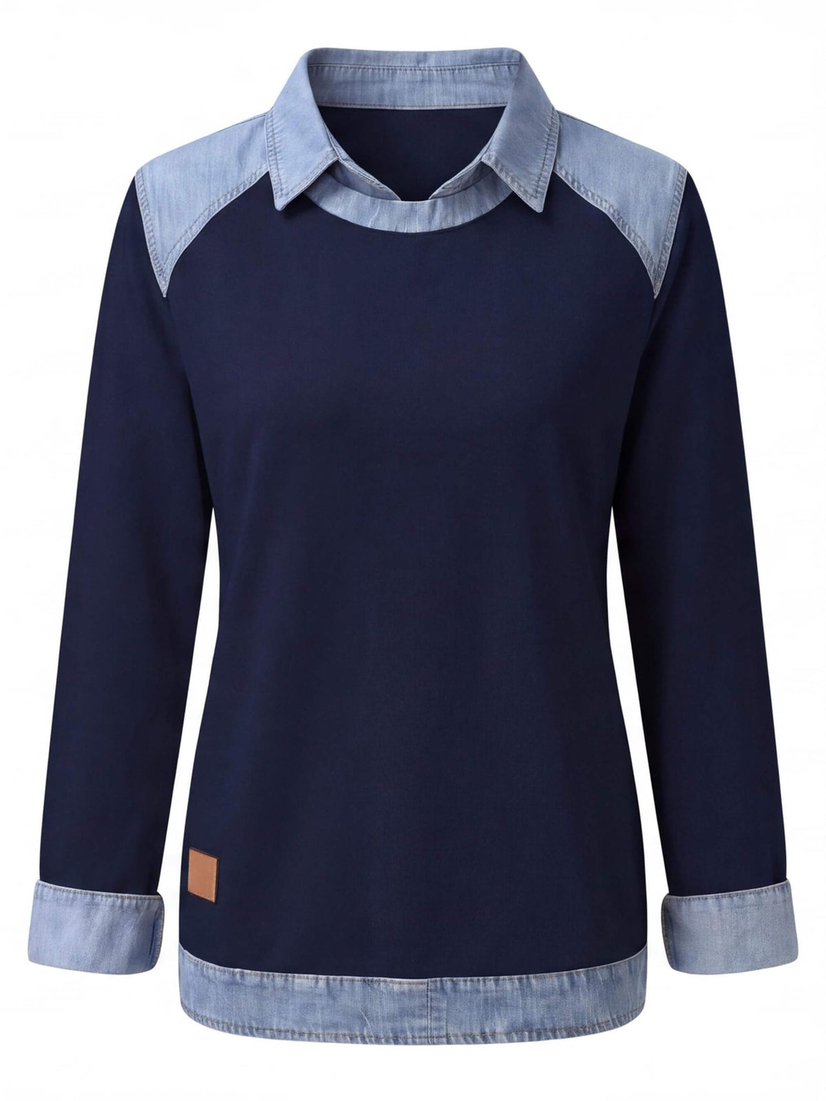 Women’s Denim Collar Detail Long-Sleeve Knit Top