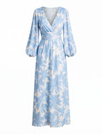 Women’s Dress – Deep V-Neck Long-Sleeve Satin Maxi Dress