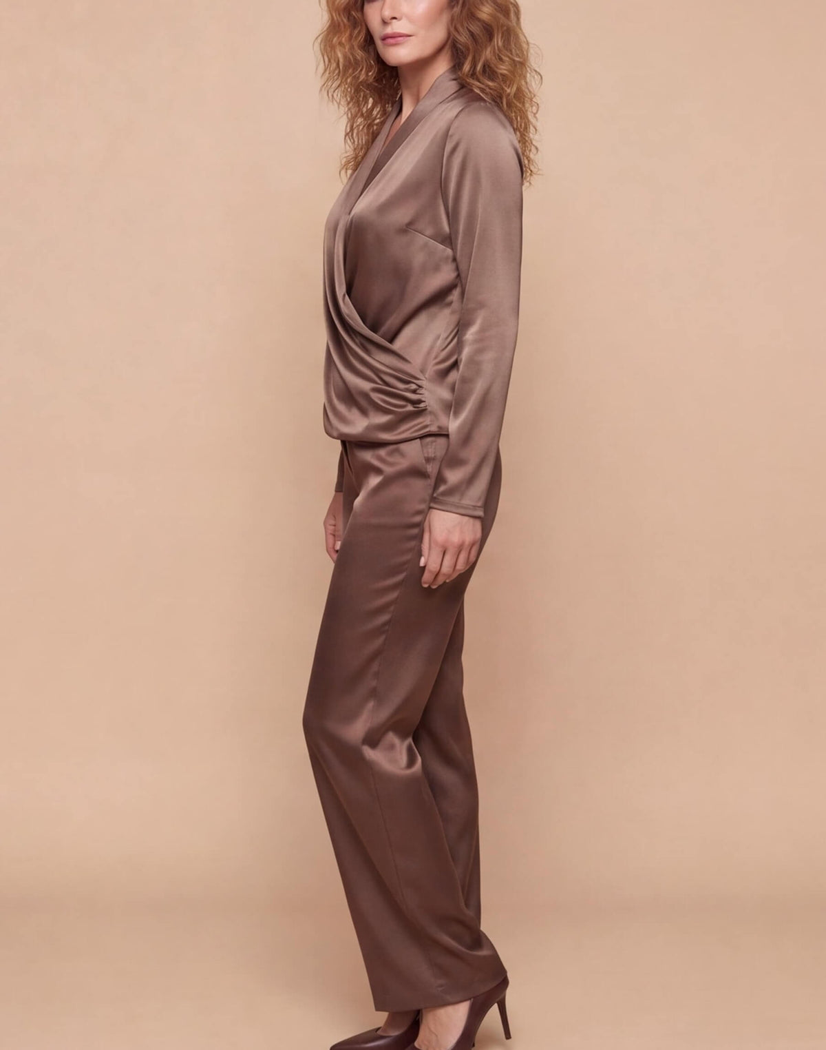 Women’s Long-Sleeve Satin-Look Wrap Blouse