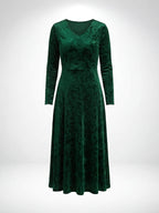 Elegant Women’s V-Neck Maxi Dress – Textured Floral Pattern & High-Stretch Comfort