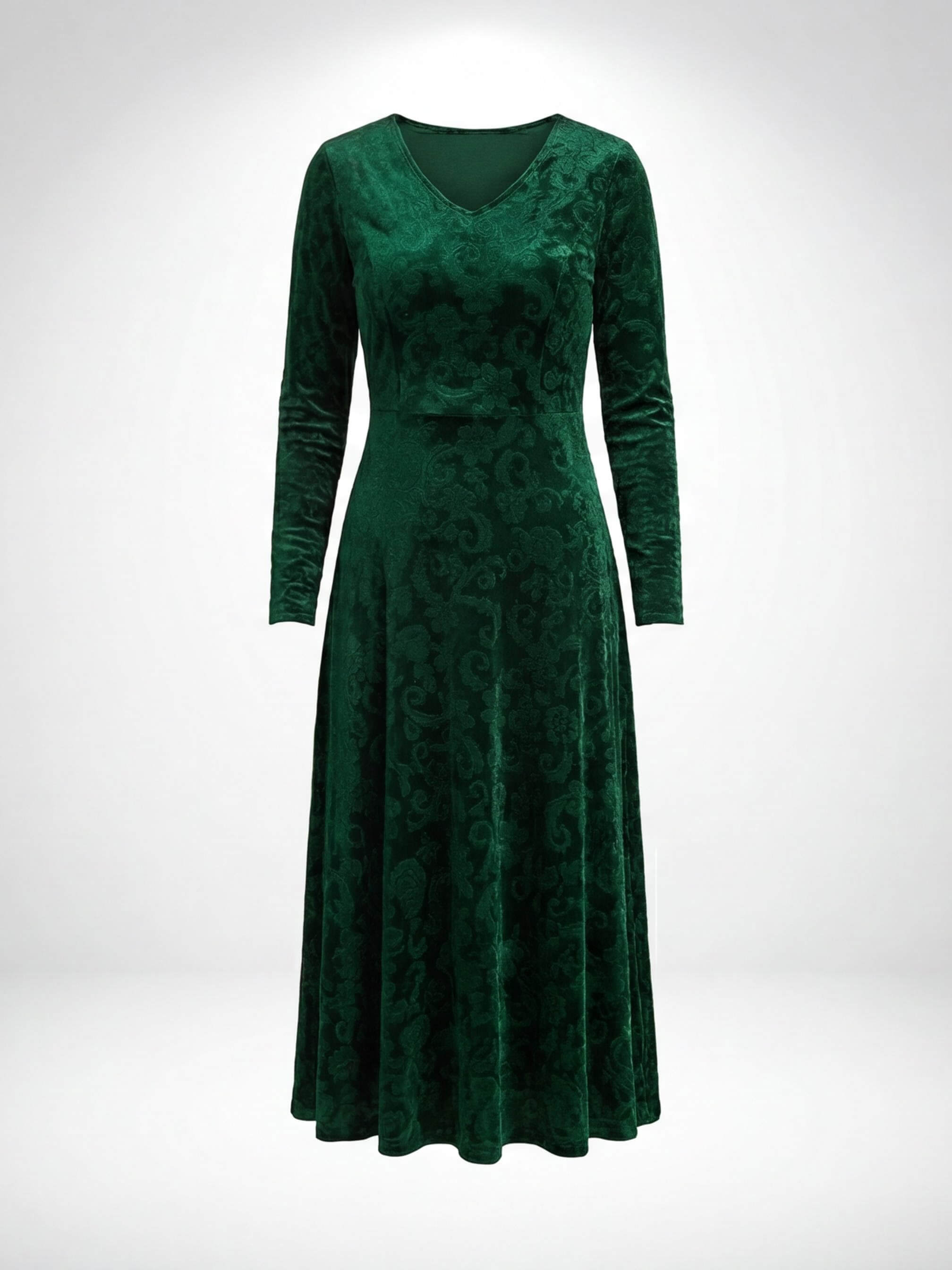 Elegant Women’s V-Neck Maxi Dress – Textured Floral Pattern & High-Stretch Comfort