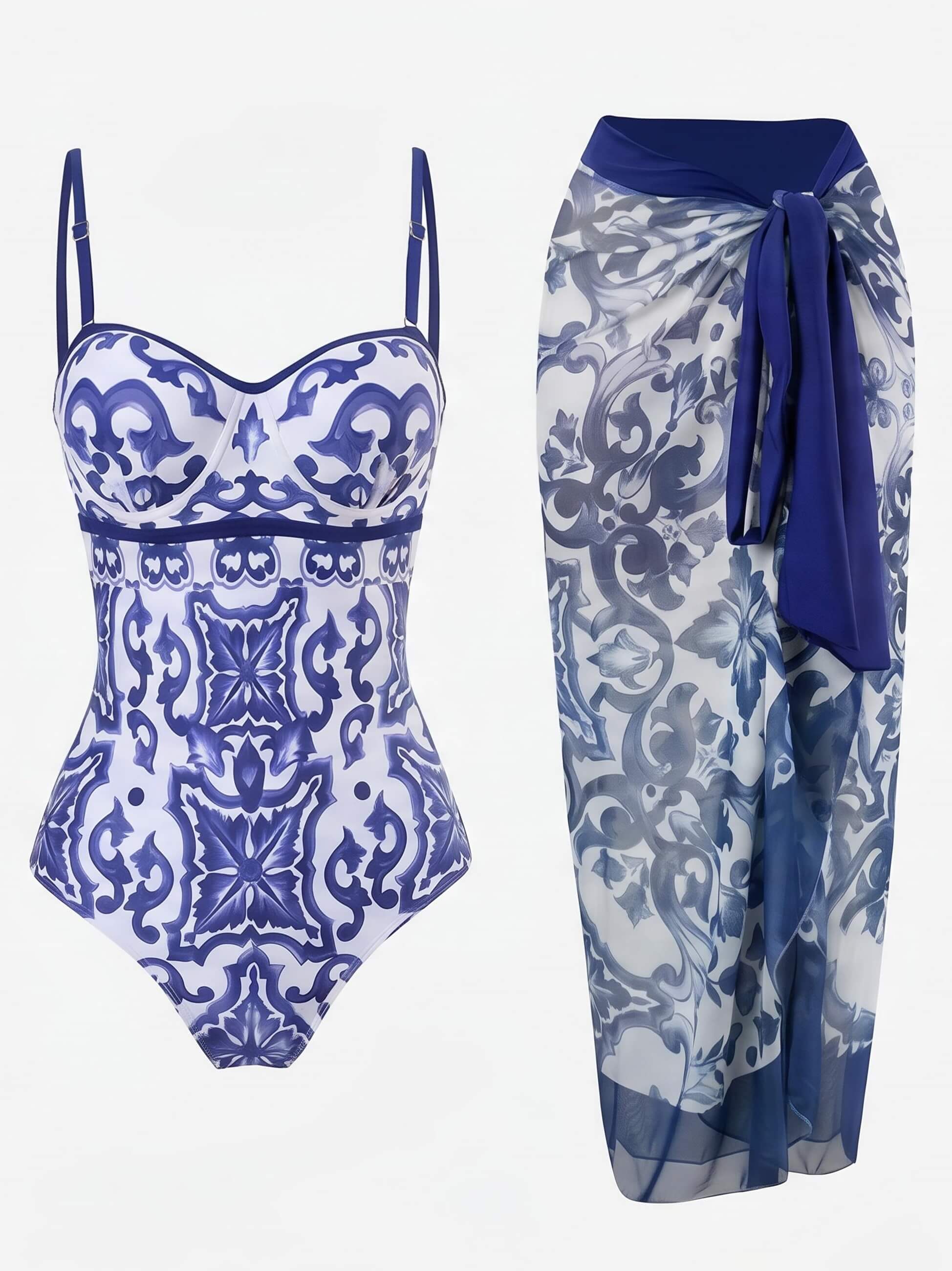 Women’s Toile Print Swimsuit and Sarong Set