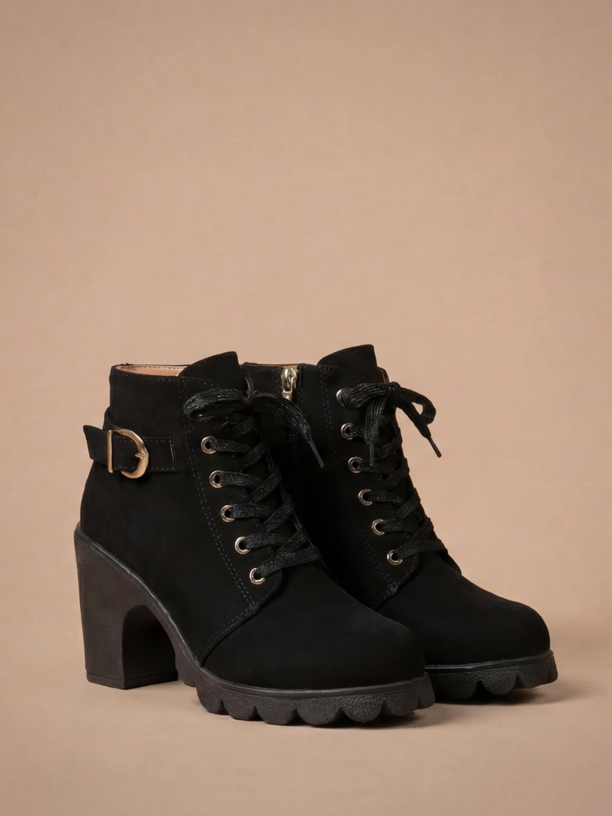 Women’s Mid-Heel Ankle Boots –  Side Zipper & Buckle Detail