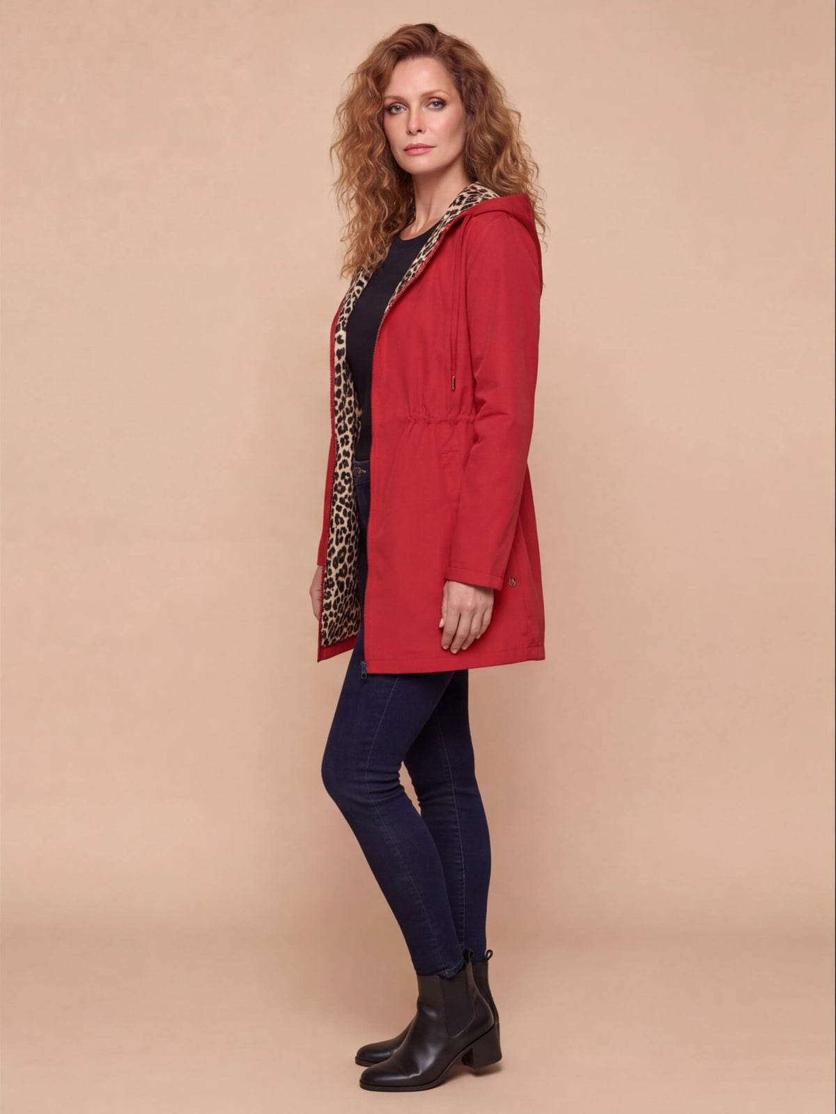 Women’s Hooded Utility Jacket with Animal-Print Trim