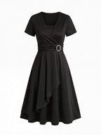 Elegant Women’s V-Neck Dress – Waist Detail with Rhinestone Accent & Asymmetrical Hem