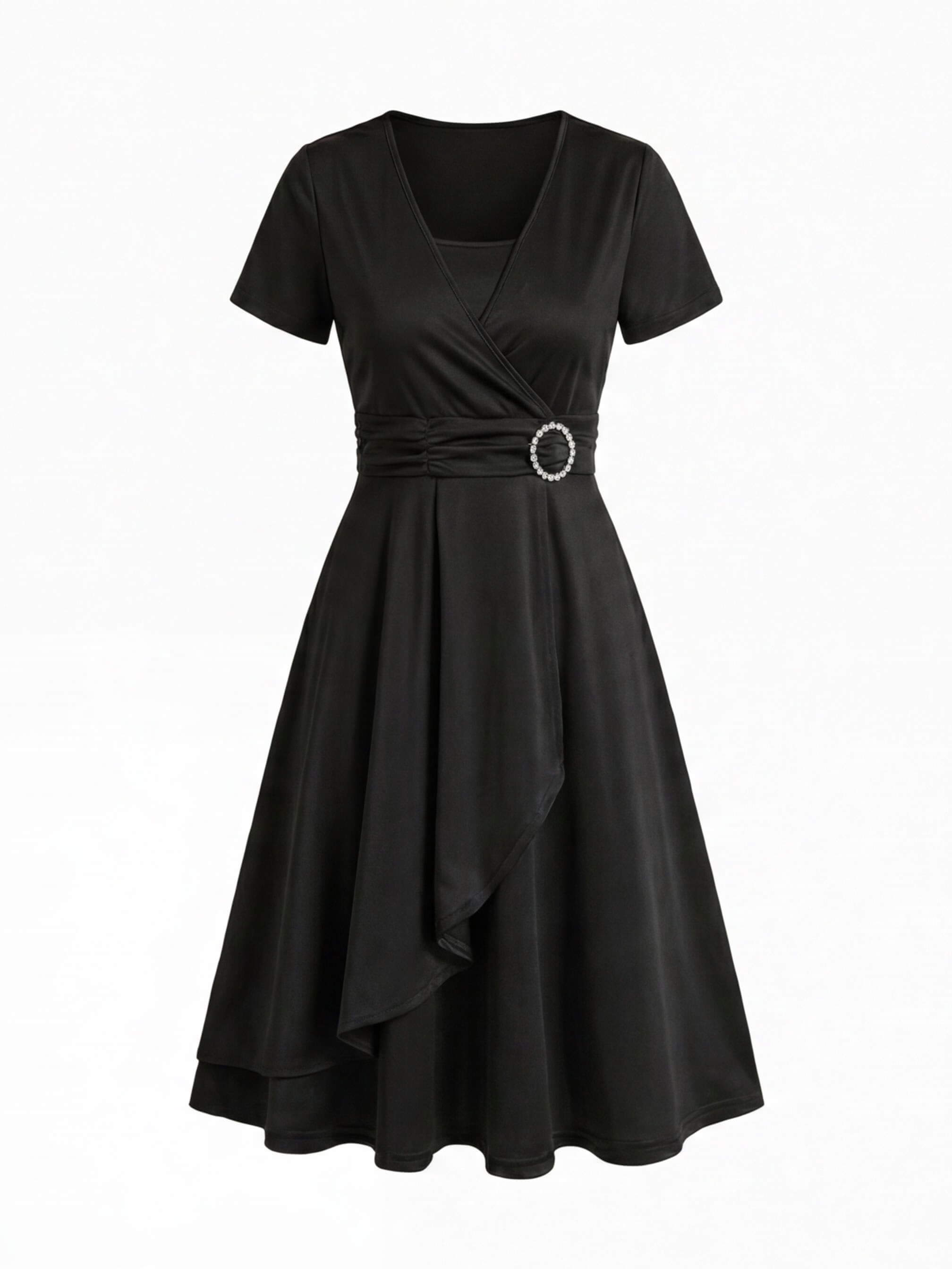 Elegant Women’s V-Neck Dress – Waist Detail with Rhinestone Accent & Asymmetrical Hem