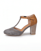 Women’s Two-Tone Block Heel Pumps with T-Strap