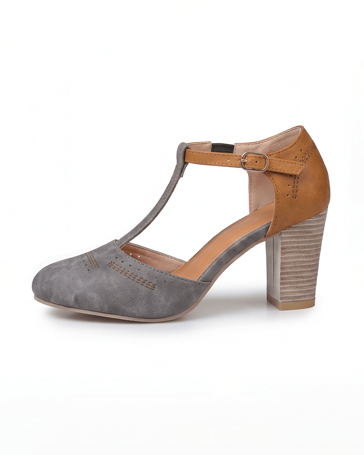 Women’s Two-Tone Block Heel Pumps with T-Strap