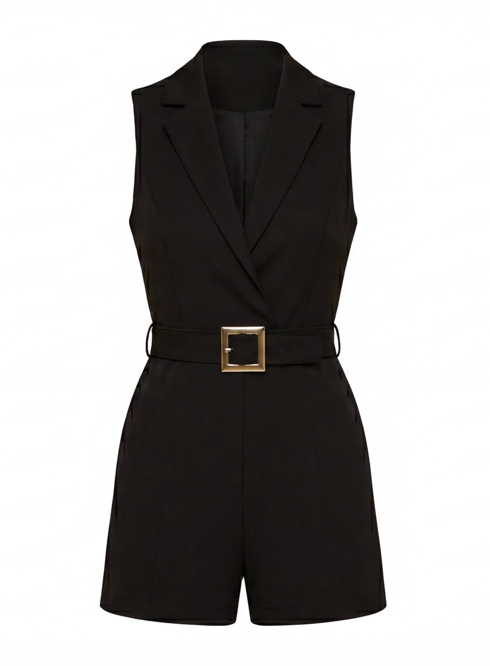 Sleeveless Plunging V-Neck Belted Romper