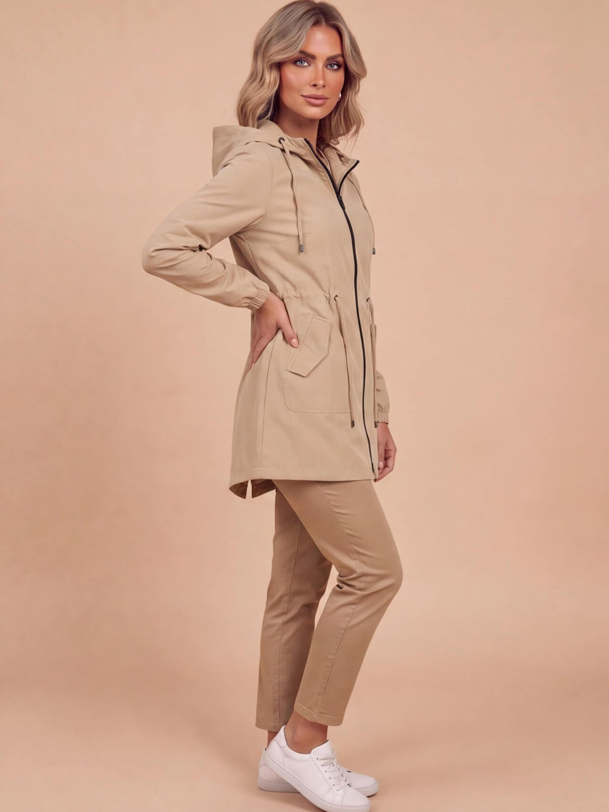 Women’s Hooded Longline Jacket with Drawstring Details